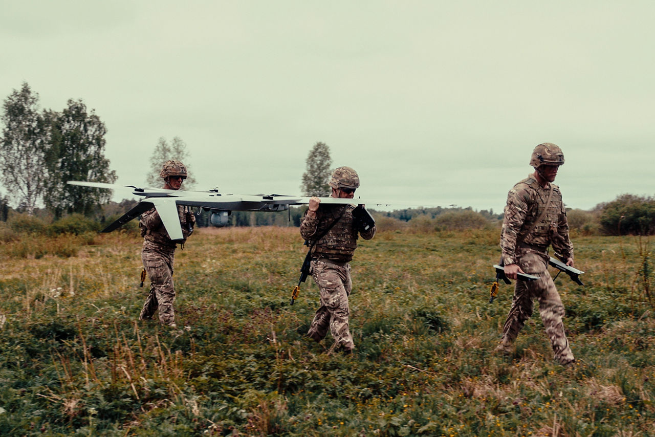 British Army soldiers carry an AR3 Evolution reconnaissance drone during Exercise Spring Storm 26. Spring Storm is the largest annual exercise of the Estonian Defence Forces, testing the leadership and combat readiness of the Estonian Army, Air Force, Navy and Cyber Command, as well as the Estonian Defence League. Forces from NATO's multinational battlegroup in Estonia also participated, ensuring that, should Estonia need to defend its territory, its troops will be ready to seamlessly integrate Allied combat power. Spring Storm 26 took place throughout Estonia and in northern Latvia from 4 May to 1 June 2026.