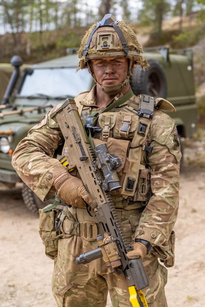 A British Army rifleman poses with a rifle in front of a British Army Defender light mobility vehicle.

Exercise Northern Star 26 brings together more than 5,000 troops from seven NATO Allies – Finland, France, Hungary, Italy, Poland, the United Kingdom and the United States for joint training in the forests of Kainuu, Finland. Soldiers train side by side in dense terrain, combining air and ground operations as Chinook helicopters insert troops into landing zones, while armoured units manoeuvre and infantry advance through the forest to engage in simulated combat. For many Finnish conscripts, this marks the final and most demanding phase of their military service, testing skills developed throughout their training. Working together in these conditions helps Allied forces strengthen coordination and improve how they operate together in harsh terrain. The exercise runs from 18 to 30 May 2026.