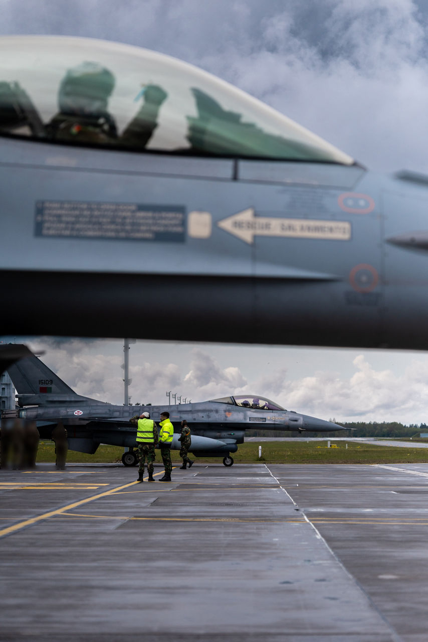 Portuguese Air Force F-16 Fighting Falcons prepare to taxi for take-off during a Baltic Air Policing Rotation in Estonia. 

Baltic Air Policing is a peacetime mission in which NATO Allies deploy fighter jets to cover the airspace of Estonia, Latvia and Lithuania.