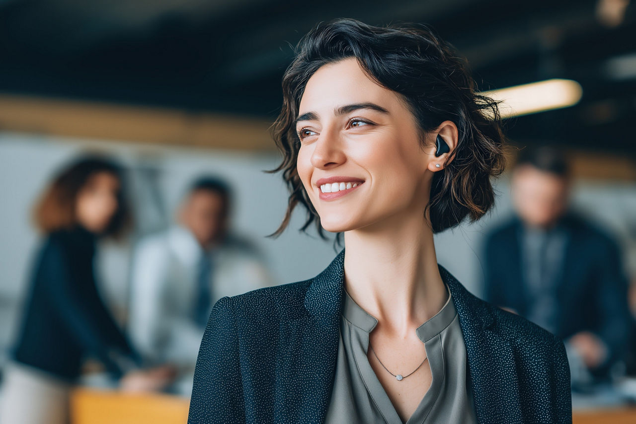 a person with a hearing aid interacting with coworkers in a modern office, professional attire, confident expression, inclusive workplace atmosphere, editorial photography style --ar 3:2 --v 7 Job ID: f8e13742-0f38-48e4-a8db-cdfd8bc36088