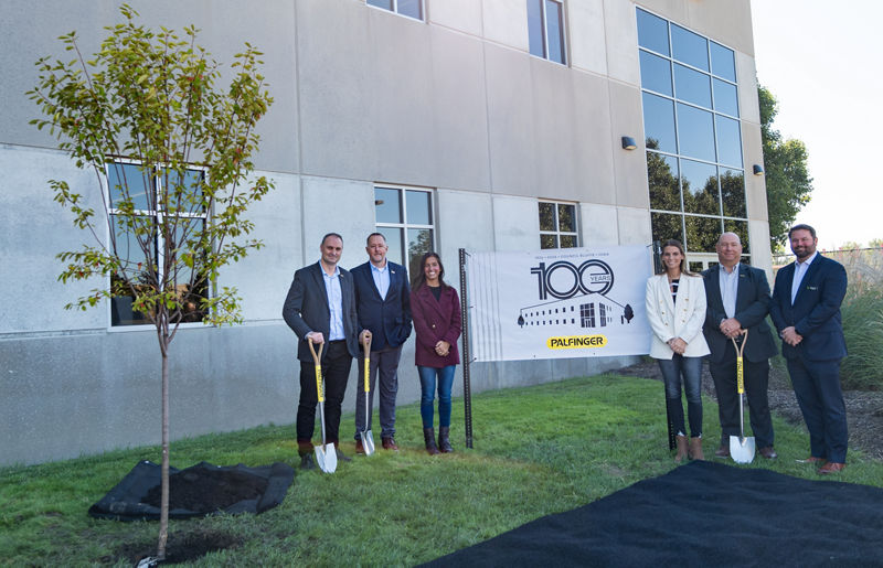  PALFINGER marked 100 years of work-truck manufacturing rooted in Omaha Standard with a tree-planting ceremony at its Council Bluffs, Iowa, facility, where service cranes and crane bodies are produced. Pictured from left are: Ismael Daneluz, President of PALFINGER North America; James Bates, Senior Operations Manager, PALFINGER North America; Dr. Cara Trede, Executive Director of Career EdVantage; Bailey Mcqueen, Senior Director of Strategy, Career EdVantage; Jason Holt, Vice President of Operations, PALFINGER North America; Chris LaFerla, President & CEO, Council Bluffs Area Chamber of Commerce.