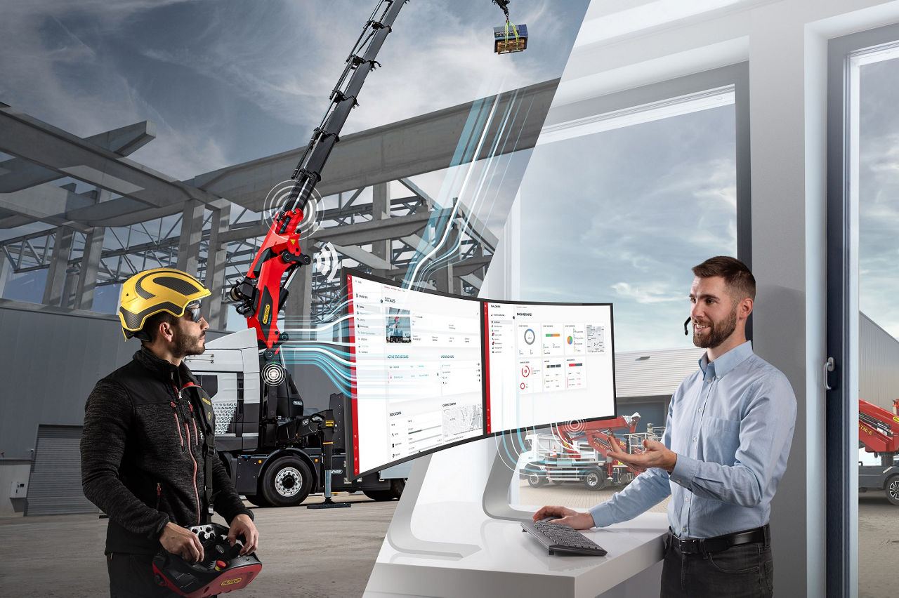 Image showing a PALFINGER crane operator on-site wearing safety gear, with an advanced digital interface displayed on screens in an office environment, highlighting connected solutions for lifting operations.