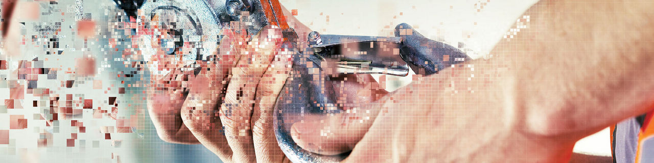 a half pixilated image of what seems like a pair of hands grabbing a PALFINGER supplies