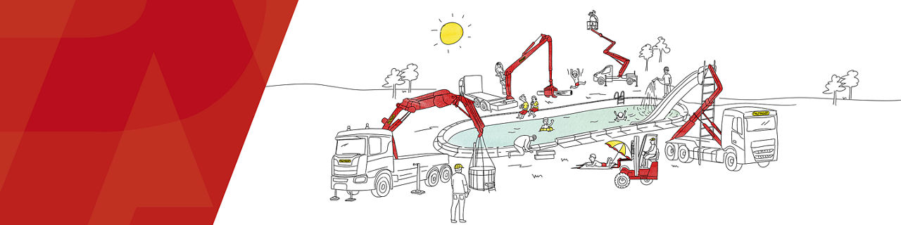 Illustrated scene showing multiple red truck-mounted cranes working around a swimming pool, lifting materials, supporting construction, maintenance, and leisure activities in a sunny outdoor setting.