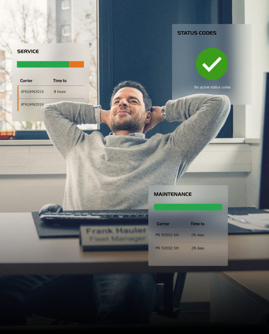 Relaxed office worker leaning back in a chair with hands behind head, while digital overlays show vehicle service status and maintenance schedules.