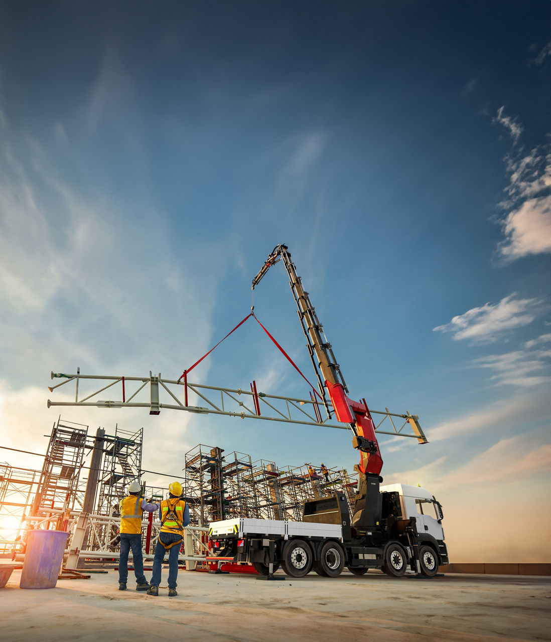 Construction worker truss installation