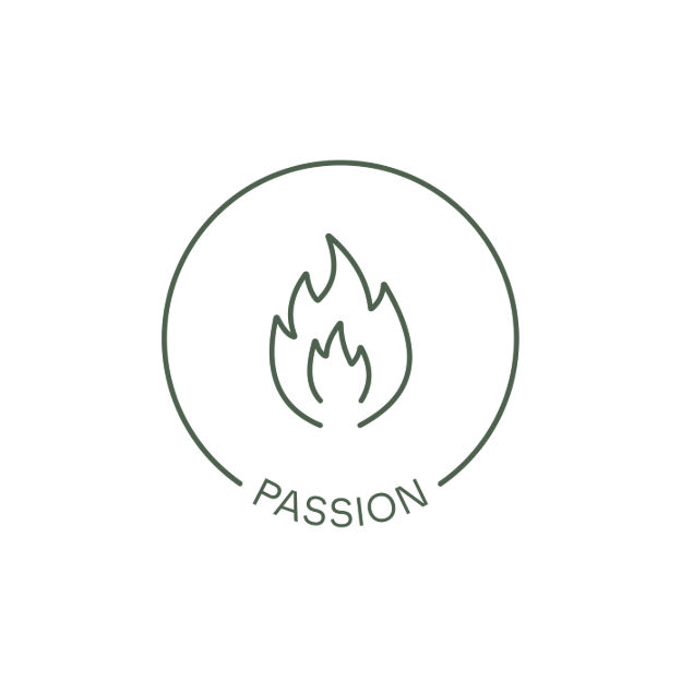 Zeichnung einer Flamme mit dem Wort „Leidenschaft“ in einem Kreis