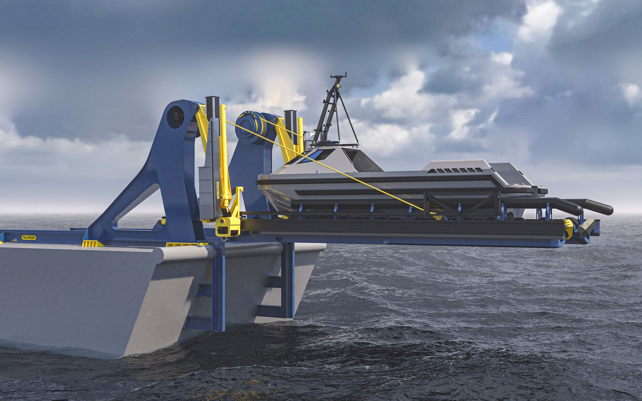 Slipway cradle in outboard transition position