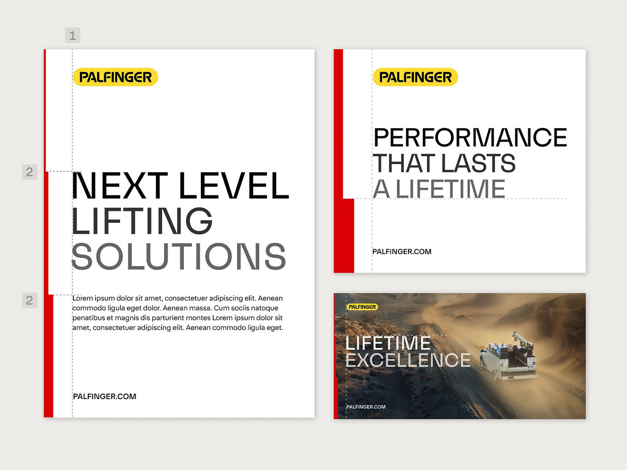 Brand layout templates featuring logo placement, red vertical accent bars, headline hierarchy, body text blocks, and image integration across print and digital formats.