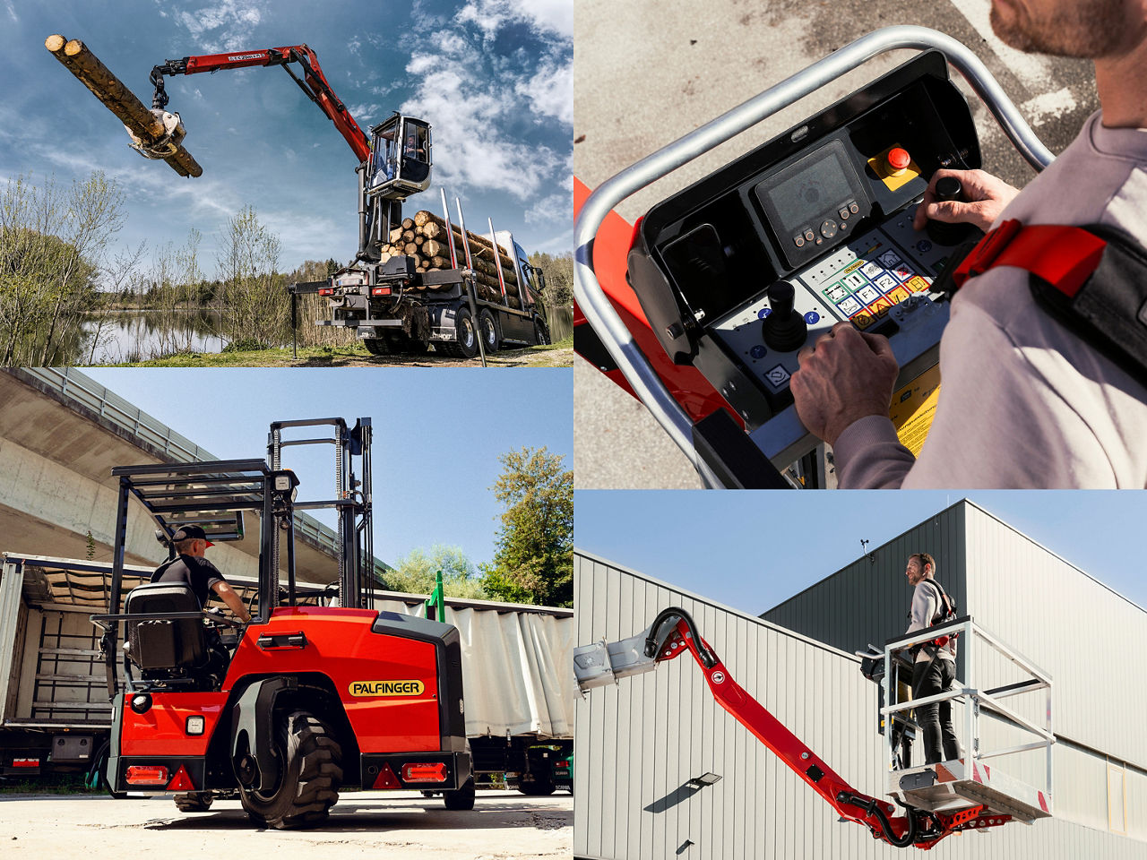 Collage showing PALFINGER equipment in real use: a log crane lifting timber in a forest, an operator controlling machinery from a platform, a forklift transporting cargo, and an aerial work platform positioned beside an industrial building.