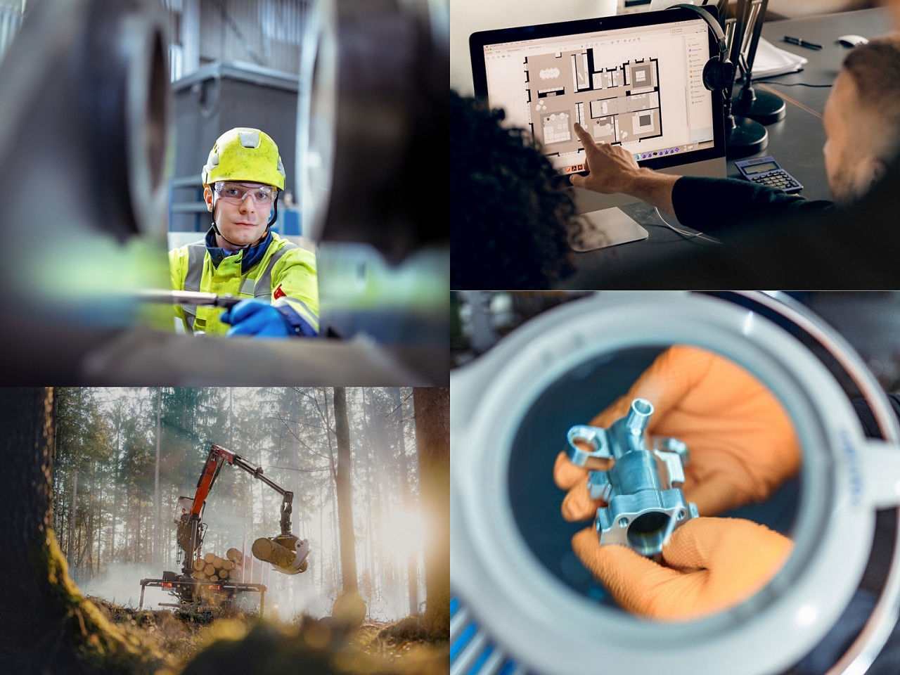 Collage highlighting PALFINGER expertise and applications: a technician inspecting machinery in protective gear, engineers reviewing technical drawings on a computer, a crane operating in a forest environment, and a gloved hand holding a precision-engineered metal component.