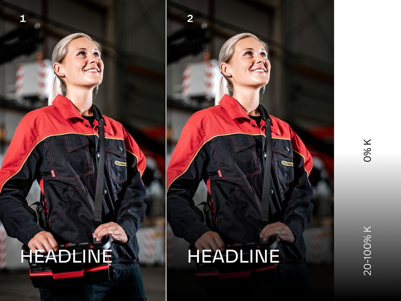 Single image collage showing an industrial worker in red-and-black workwear, smiling confidently in an indoor industrial environment. The image demonstrates the use of vertical gradient overlays on the right side to control contrast and ensure headline text readability, while maintaining a professional, aspirational mood.