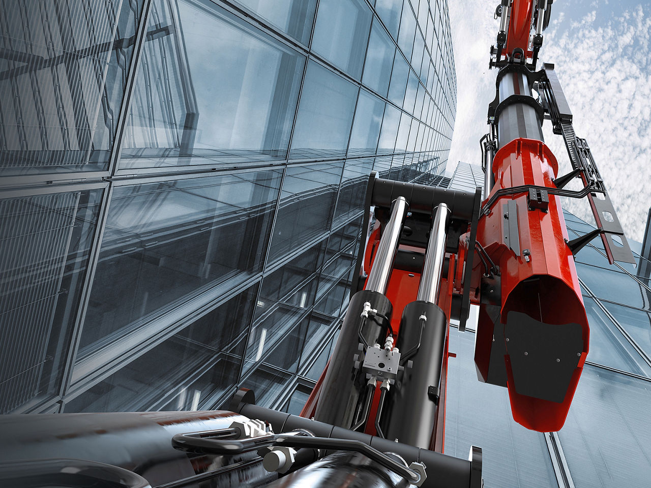 PALFINGER lift seen from below against a glass building, with strong light and shadow emphasizing structure and depth.
