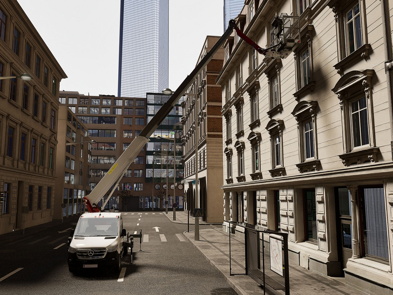 A truck-mounted lift viewed from the front, positioned on a city street between multi-story buildings.