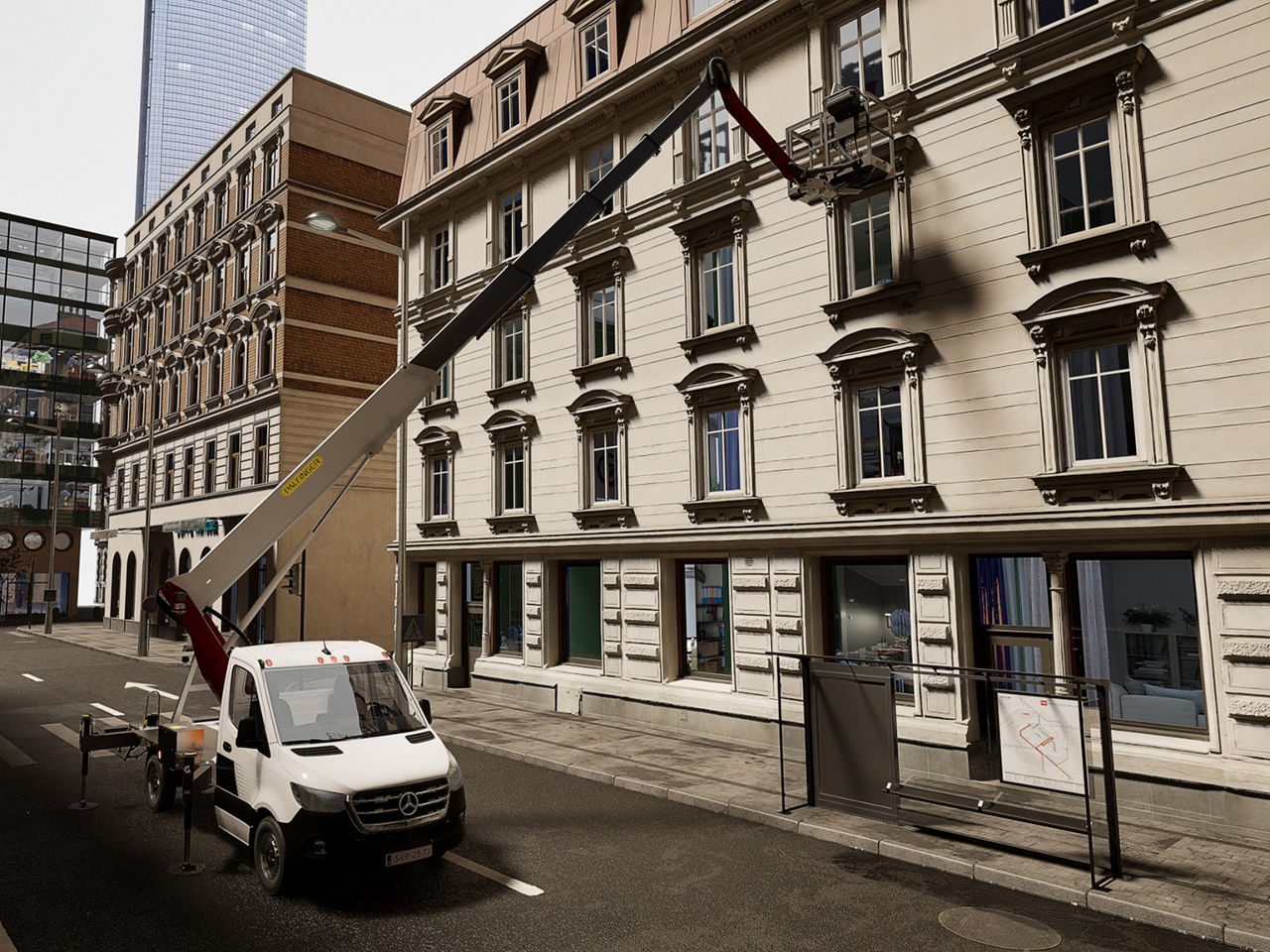 Front three-quarter view of a truck-mounted lift, showing the vehicle angled slightly toward the viewer in an urban setting.