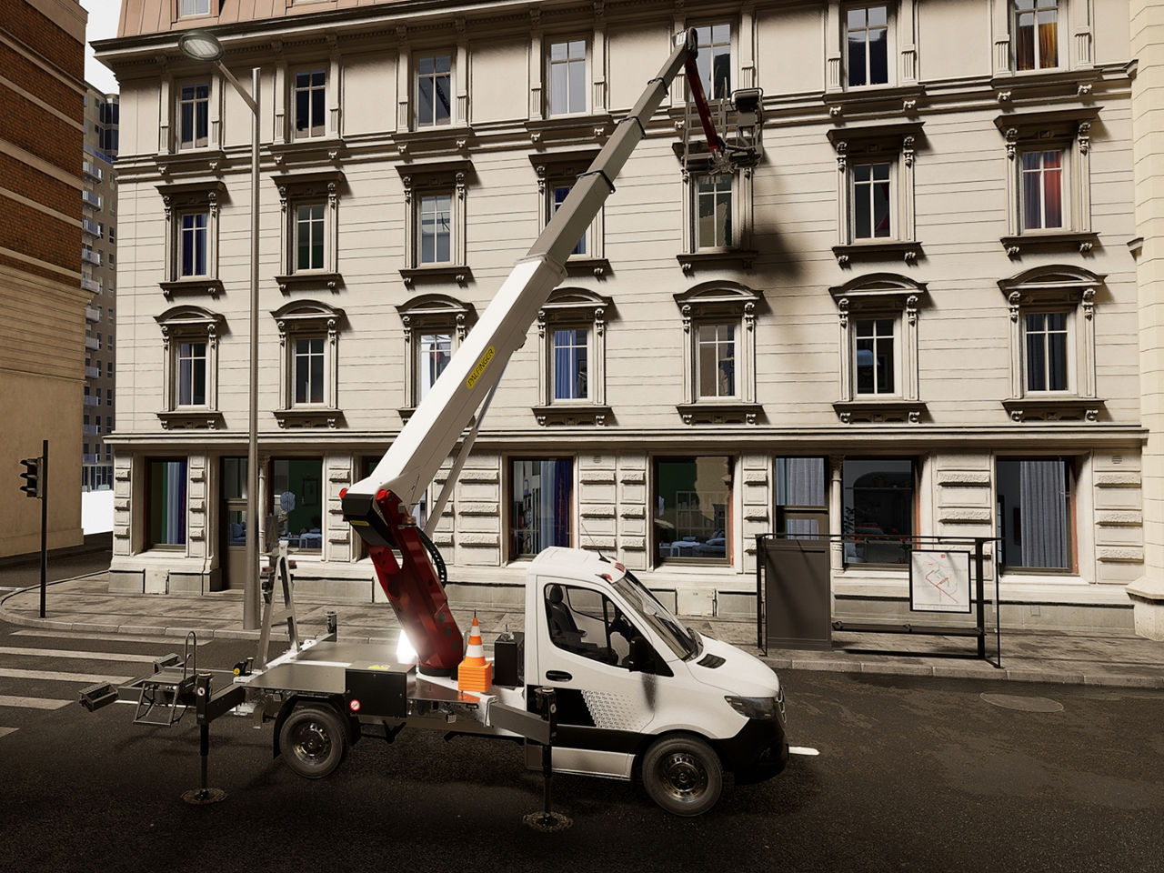 Truck-mounted lift seen from the front-side angle, highlighting the boom extending upward alongside a building facade.