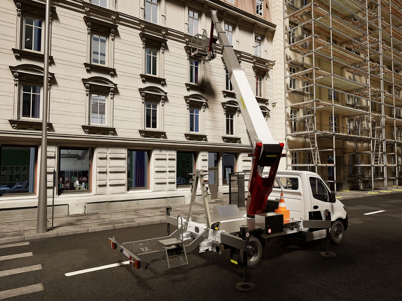 Rear three-quarter view of the truck-mounted lift, showing the back of the vehicle and stabilizers deployed.