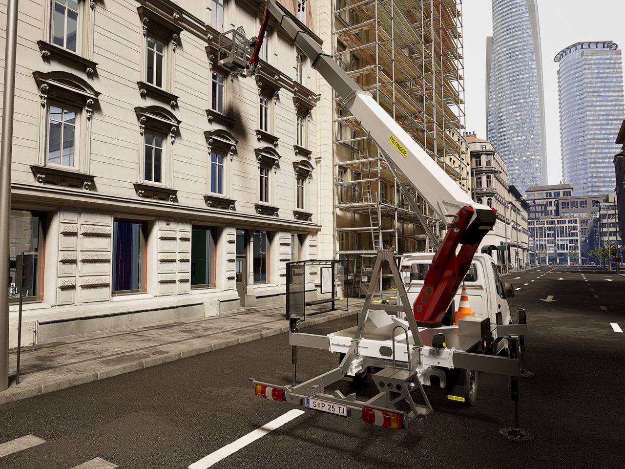 Rear side quarter view of the truck-mounted lift, capturing the boom structure and support legs from behind.