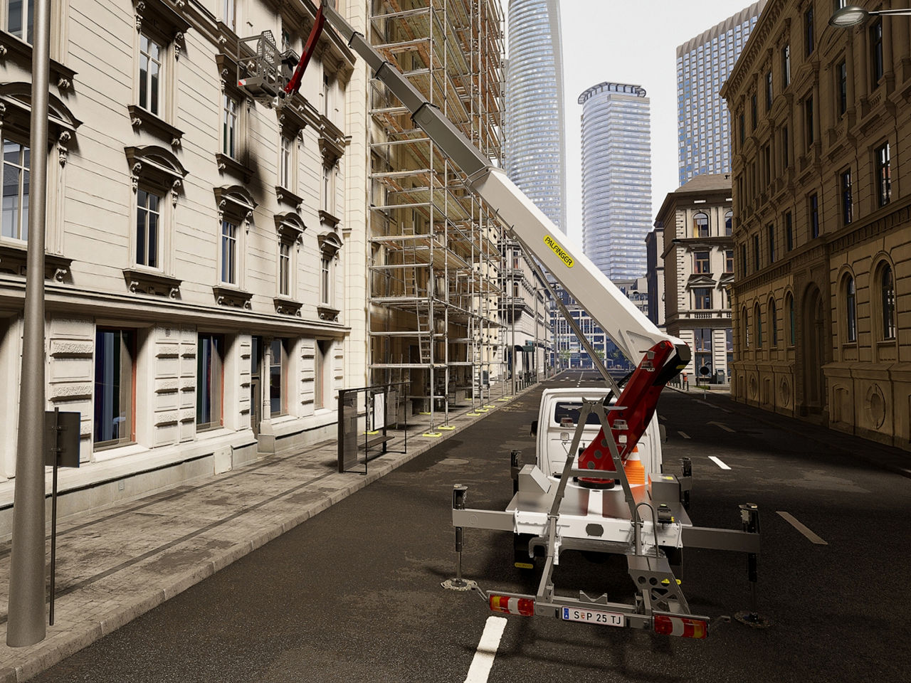 Direct rear view of the truck-mounted lift centered in the street, with the boom extending forward.