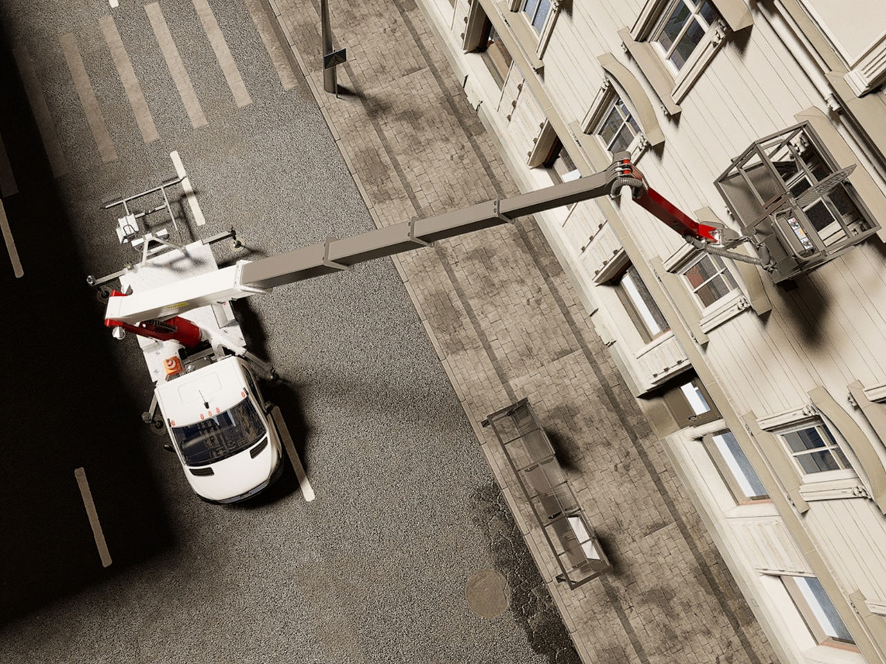 Top-down view of the truck-mounted lift and surrounding street, showing the full boom reach and vehicle footprint.