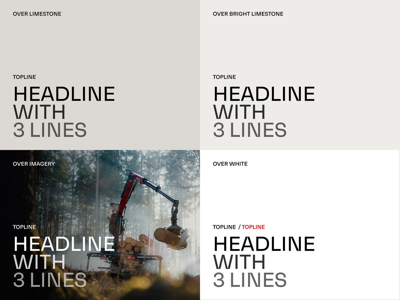 Four layout examples showing a three-line headline applied over limestone, bright limestone, photography, and white backgrounds to demonstrate contrast and readability.