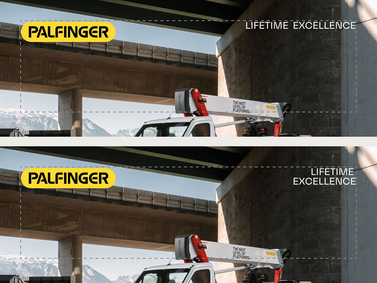Application examples showing the Lifetime Excellence claim used in single-line and two-line formats aligned with the PALFINGER logo within image-based layouts.