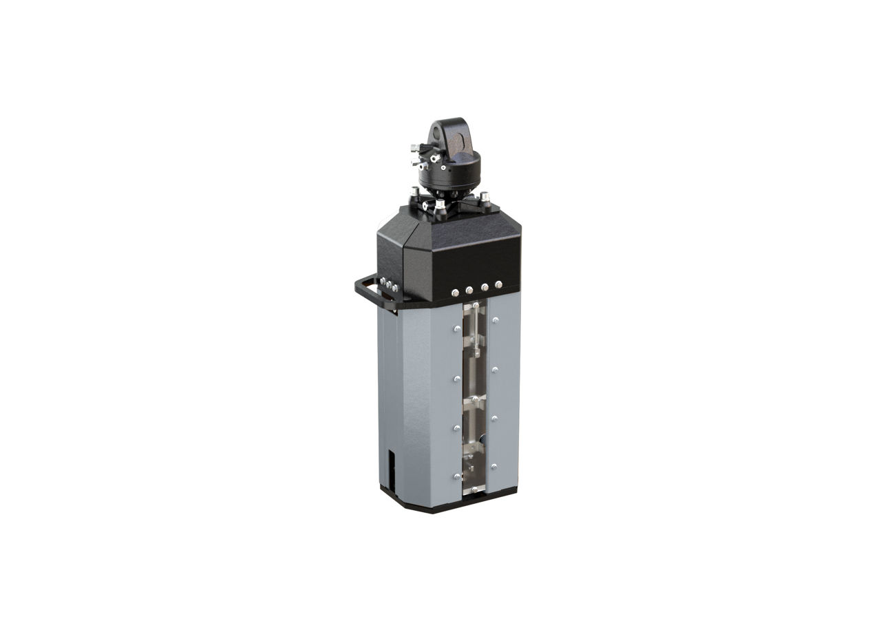 Empty container handler attachment for a loader crane, featuring a vertical steel body with a hydraulic rotating head and mounting brackets, isolated on a white background.