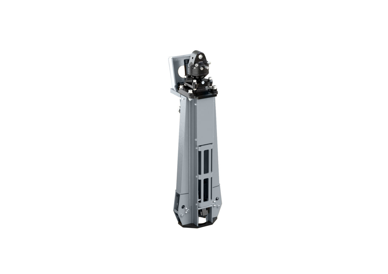 Empty container handler attachment for a loader crane, featuring a grey steel frame with a rotating top-mounted hook mechanism and stabilizing base feet, isolated on a white background.
