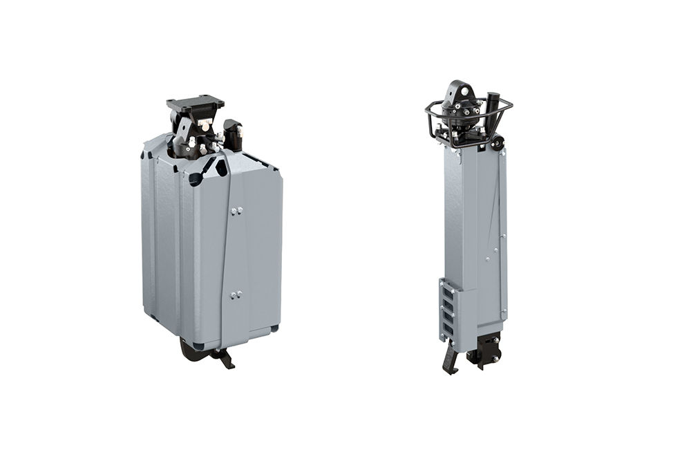 Palfinger PZC220R (compact) and PZC250R bottle bank discharge units for containers with ring system, shown side by side – both featuring robust grey steel housing with integrated pendulum brake and flange rotator.