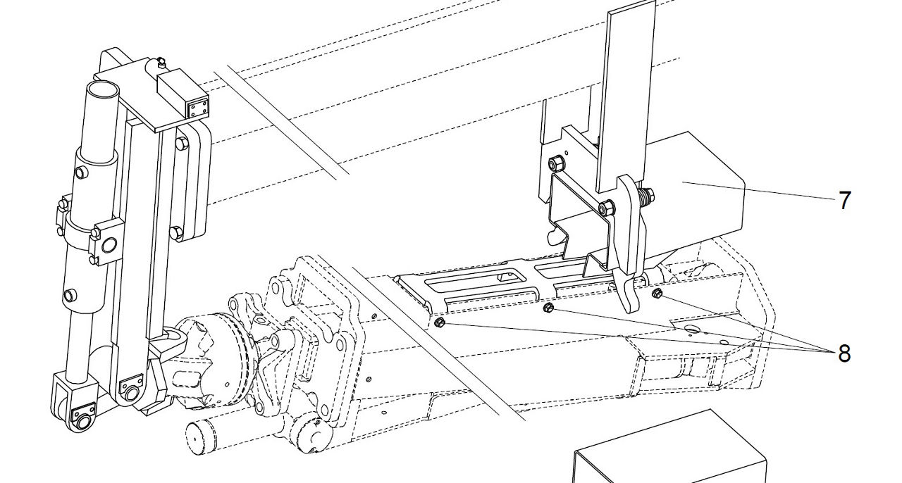 Exploded-view technical illustration of a Palfinger empty container handler attachment with numbered components (7, 8), including hydraulic cylinder, rotary drive, and mounting frame.