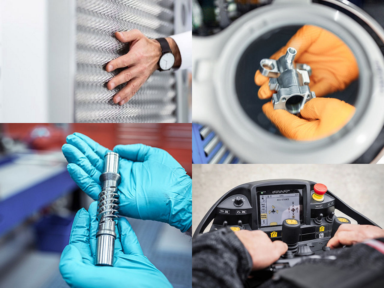 A collage highlighting precision and expertise in manufacturing, showing hands inspecting textured metal surfaces, handling machined components, assembling mechanical parts, and operating advanced control interfaces, emphasizing quality, craftsmanship, and technical accuracy.