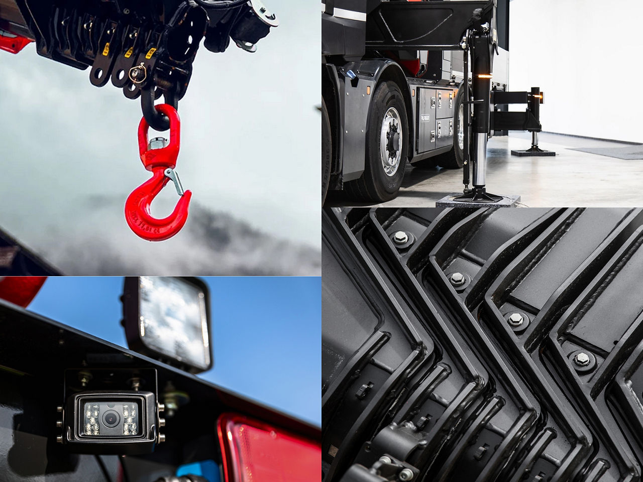 Collage of industrial equipment details showing a crane lifting hook, deployed truck stabilizer, rear-mounted work light and camera, and close-up mechanical linkages, highlighting precision engineering, safety features, and build quality.