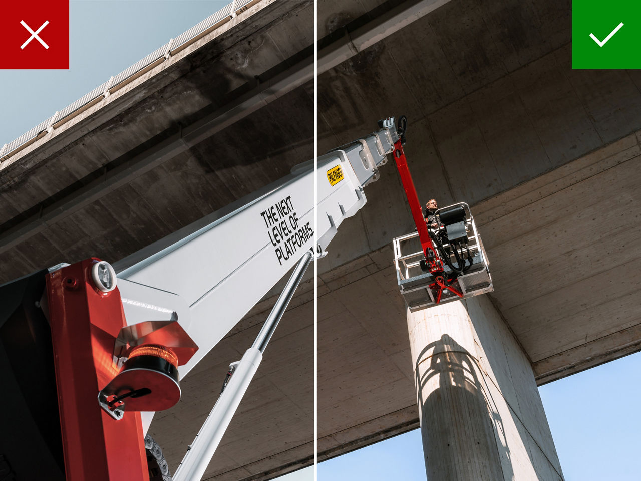 Comparison image showing a truck-mounted lift under a bridge, with a dull, desaturated sky marked as incorrect on the left and a natural, vibrant sky marked as correct on the right.