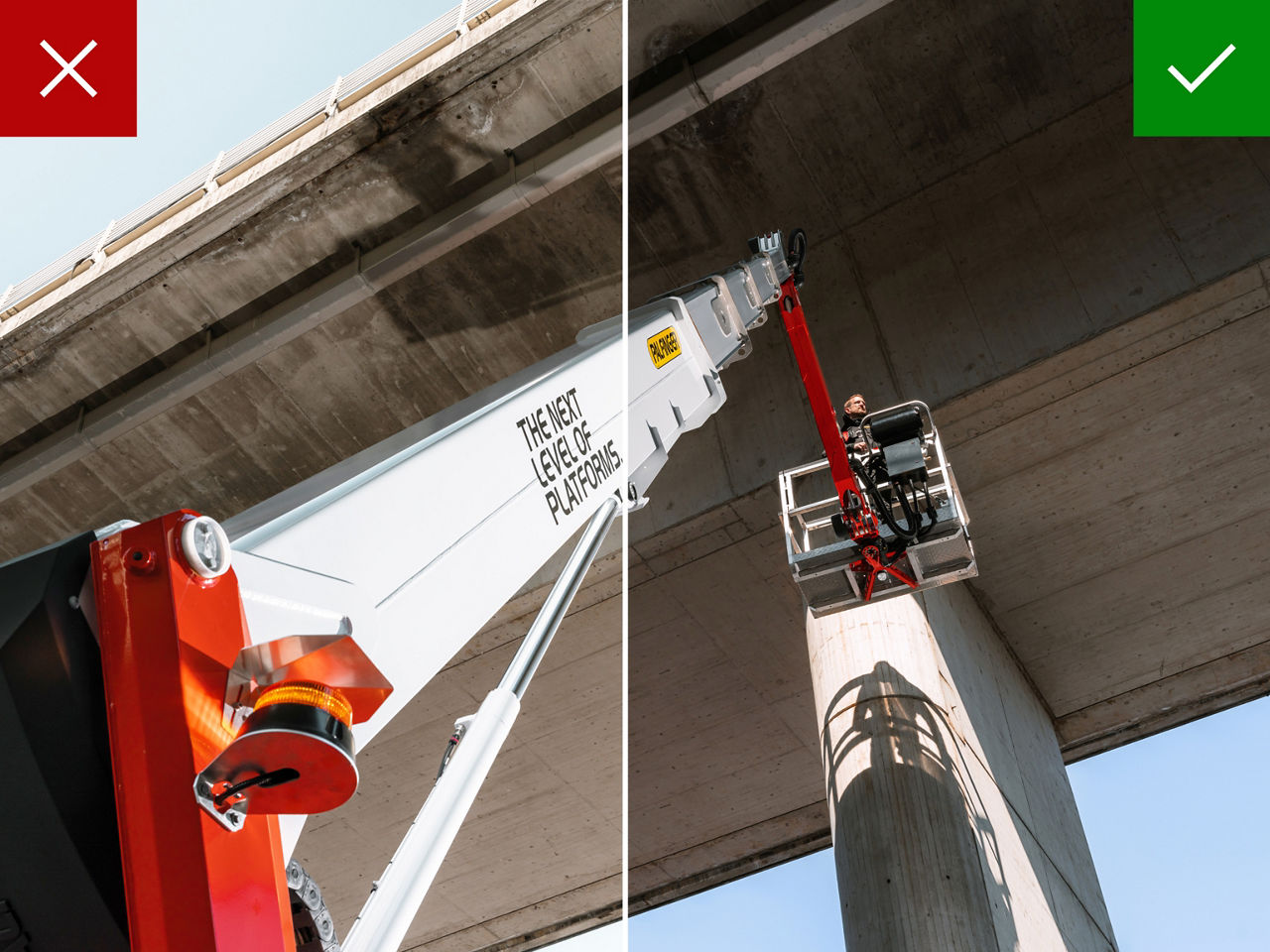 Comparison image of a lifting platform beneath a bridge, illustrating an over-brightened sky marked as incorrect and a balanced sky with preserved depth marked as correct.
