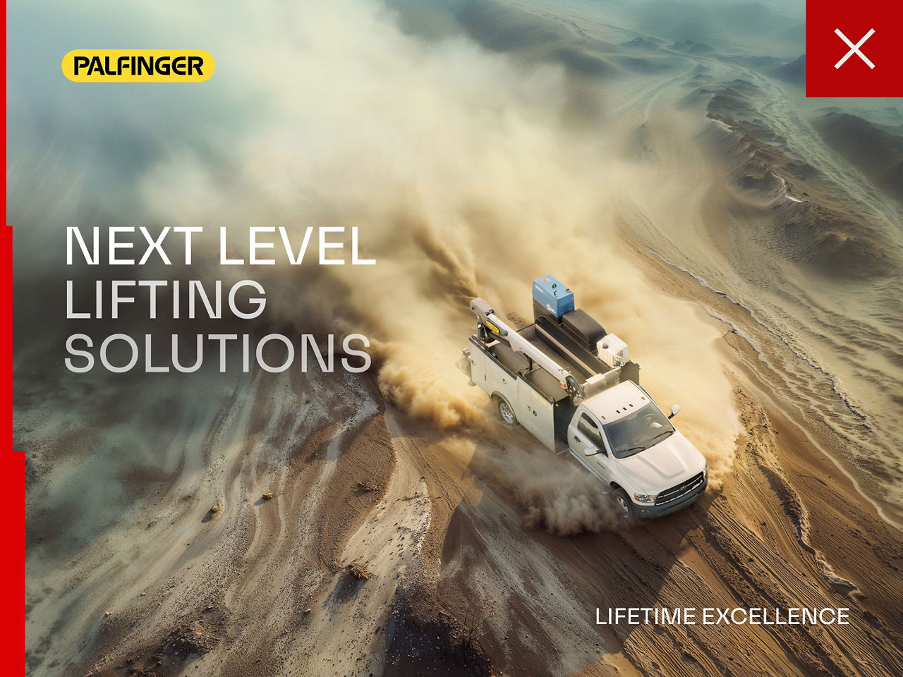 Der Marken-Claim ist diagonal zum PALFINGER-Logo positioniert, was auf eine fehlerhafte Ausrichtung hinweist.