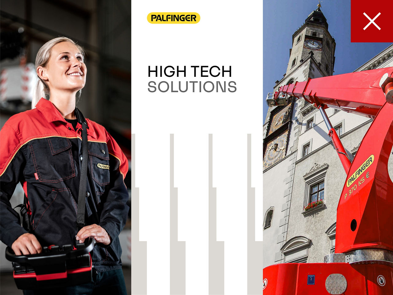 Layout im Portraitformat, das eine Person in PALFINGER-Arbeitskleidung zeigt, wobei das Uplifting-Muster in einem falschen Maßstab platziert ist und zeigt, dass das Muster nicht größer oder kleiner als die definierte Maximalgröße erscheinen darf.