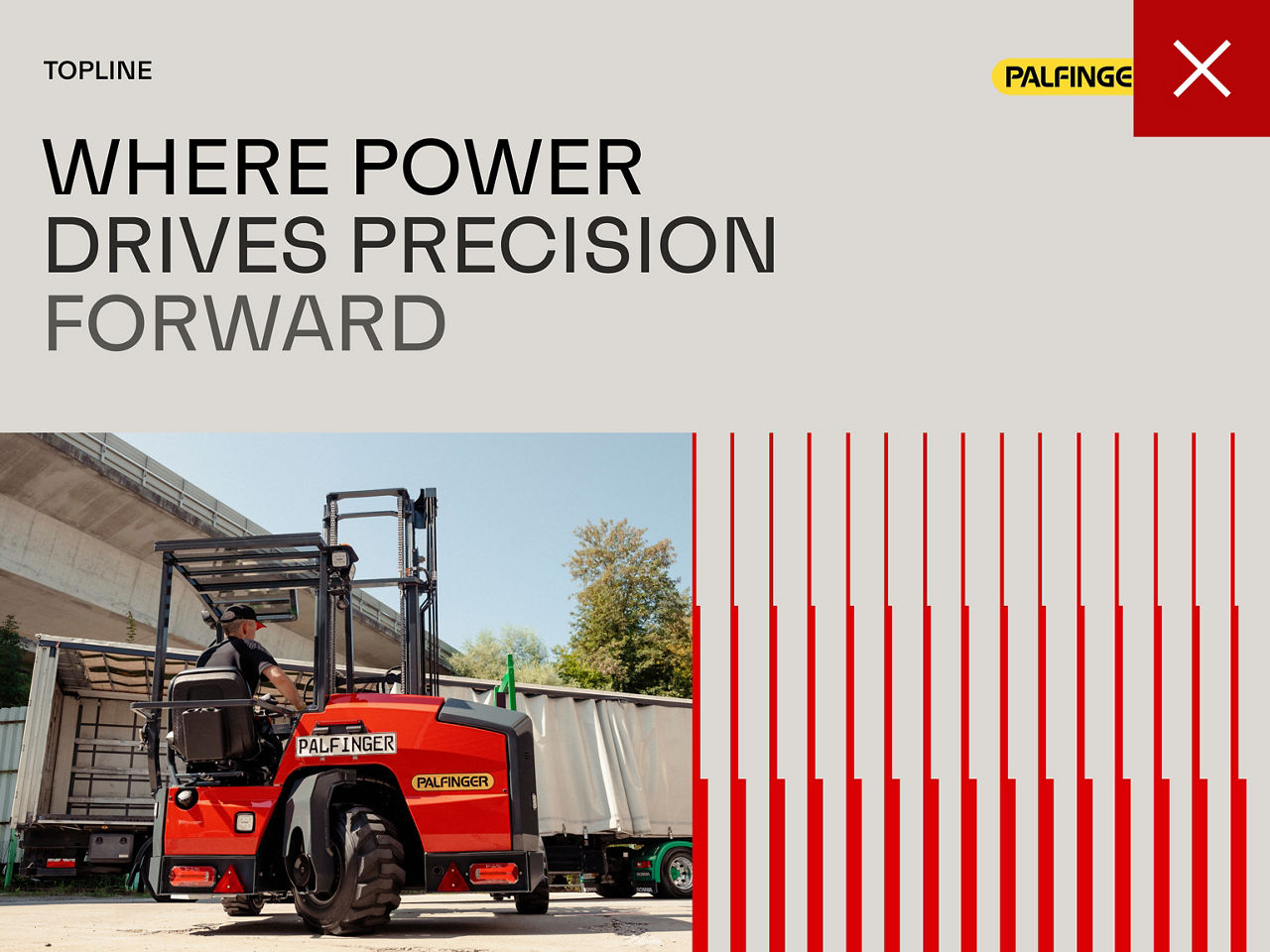 Layout mit einem roten Gabelstaplerbild in Kombination mit dem roten Uplifting-Muster, das eine visuelle Überladung zeigt, wenn das Bild bereits eine starke rote Farbpräsenz aufweist.