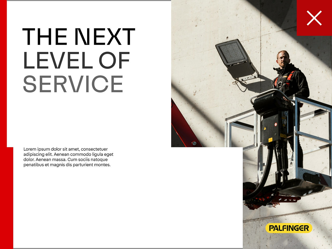 Layout featuring a red forklift image combined with the red uplifting pattern, showing visual overload when the image already contains a strong red color presence.