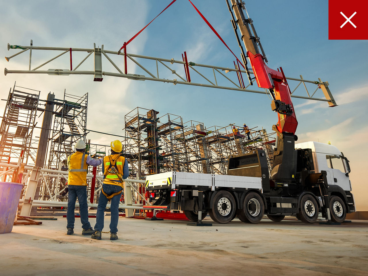 Construction site with a crane truck and workers under stylized lighting, marked as incorrect because artificial lighting creates an unrealistic atmosphere.
