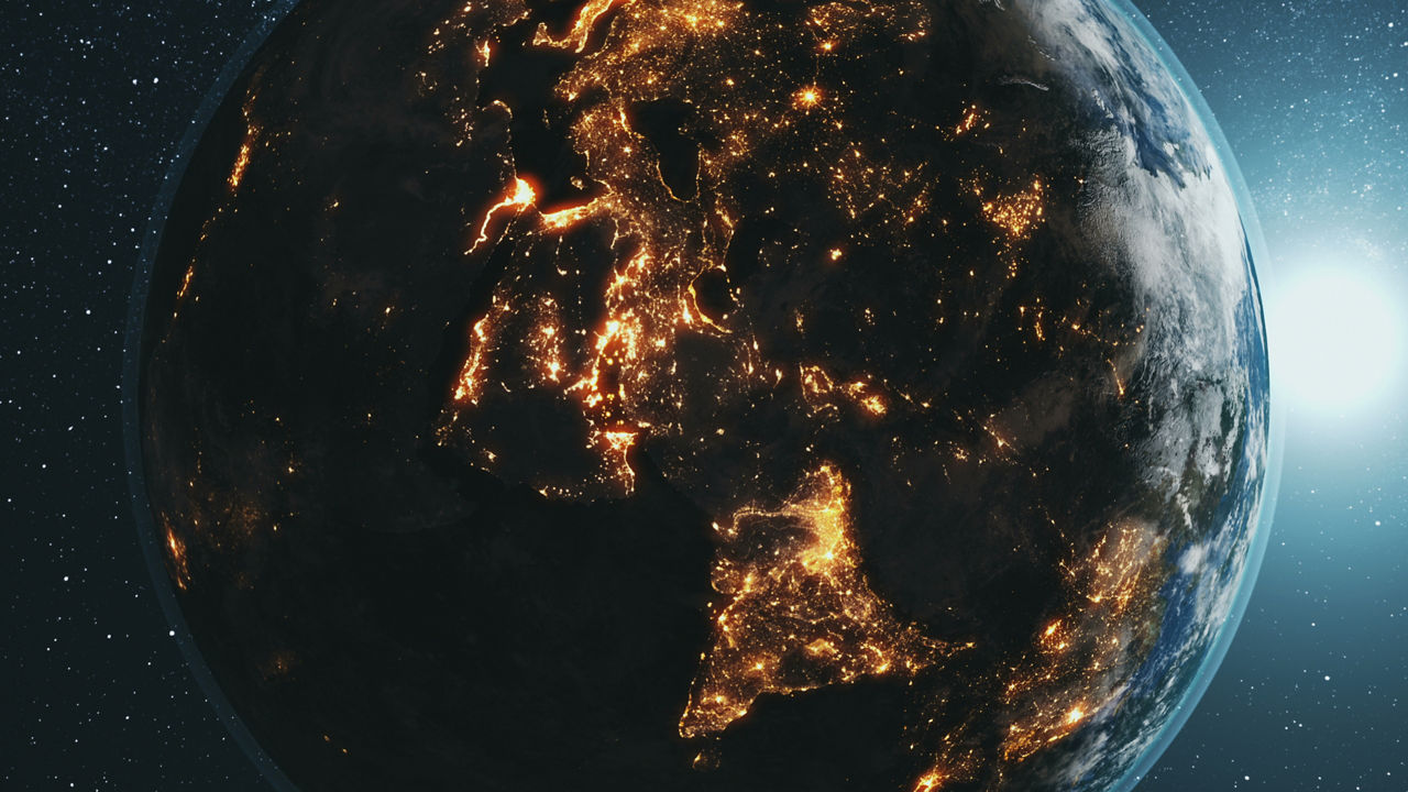 Earth planet orbit with bright sun in dark outer space. Realistic planet of Solar system at star sky background. Illuminated mainlands cities, countries network of world globe. illustration