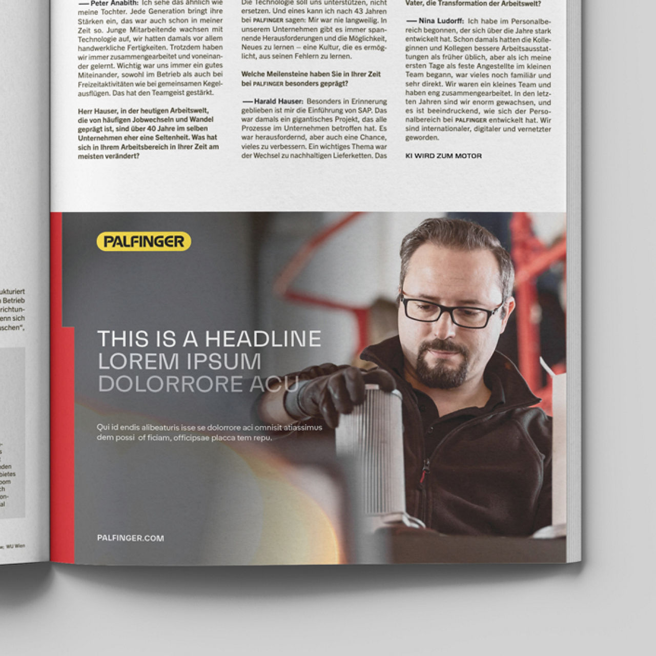 PALFINGER magazine spread showing a technician inspecting a metal component, with a headline layout and branded red accent bar.