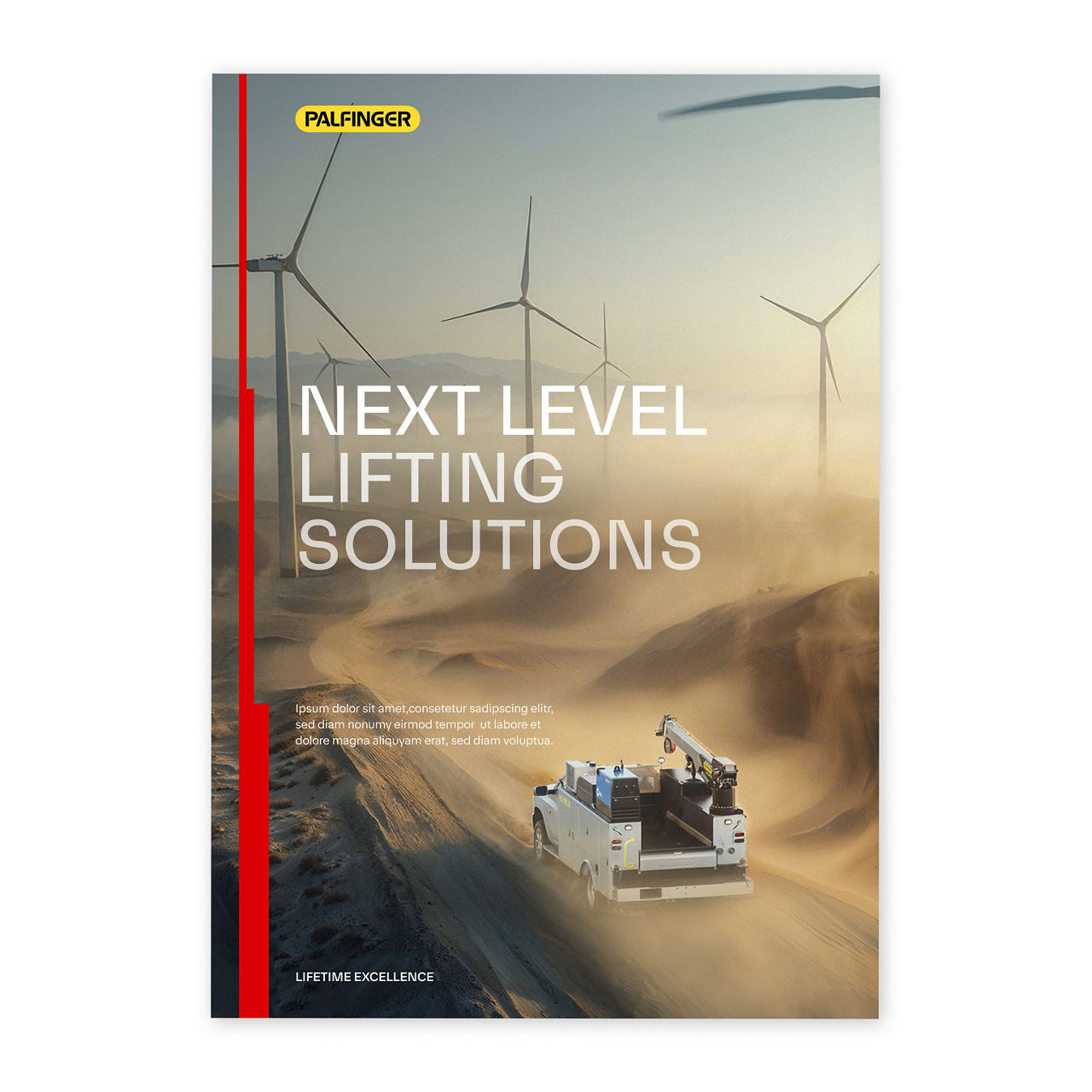 Vertical poster layout showing a service truck driving through a desert landscape with wind turbines in the background, featuring a large headline “Next Level Lifting Solutions,” PALFINGER logo at the top, and a red vertical brand accent on the left.