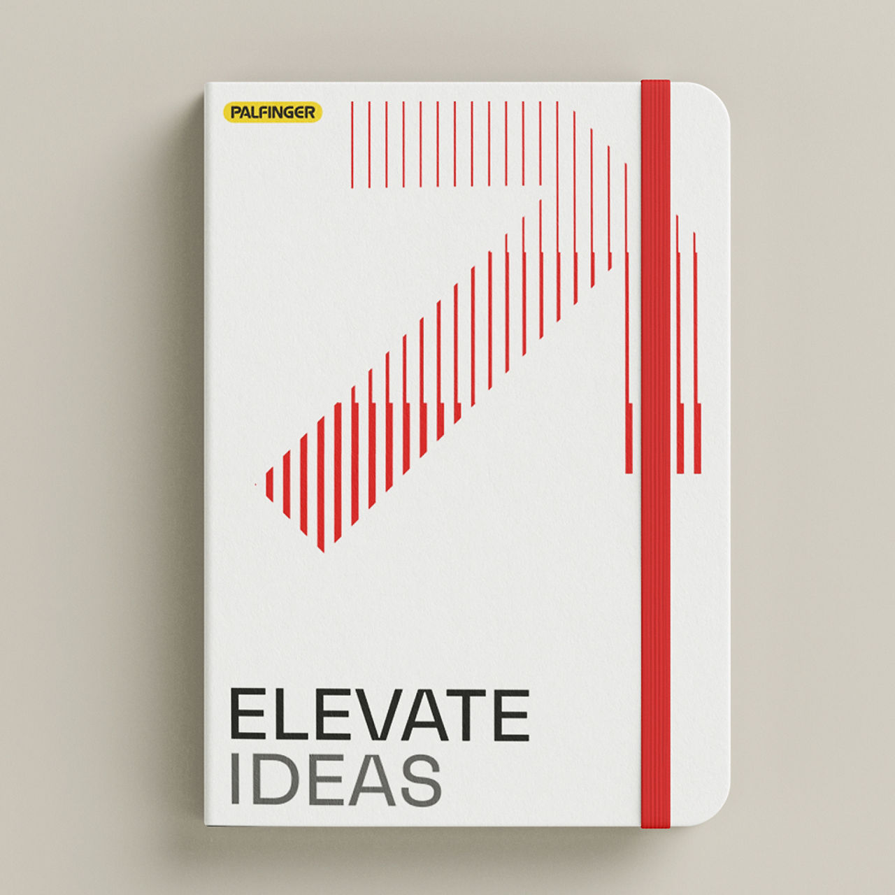 Weißes Notizbuch mit abgerundeten Ecken mit einem roten, Uplifting Pfeillinienmuster, einem vertikalen roten Streifen am rechten Rand, dem PALFINGER-Logo oben und den Worten ELEVATE IDEAS in fetter schwarz-grauer Typografie.