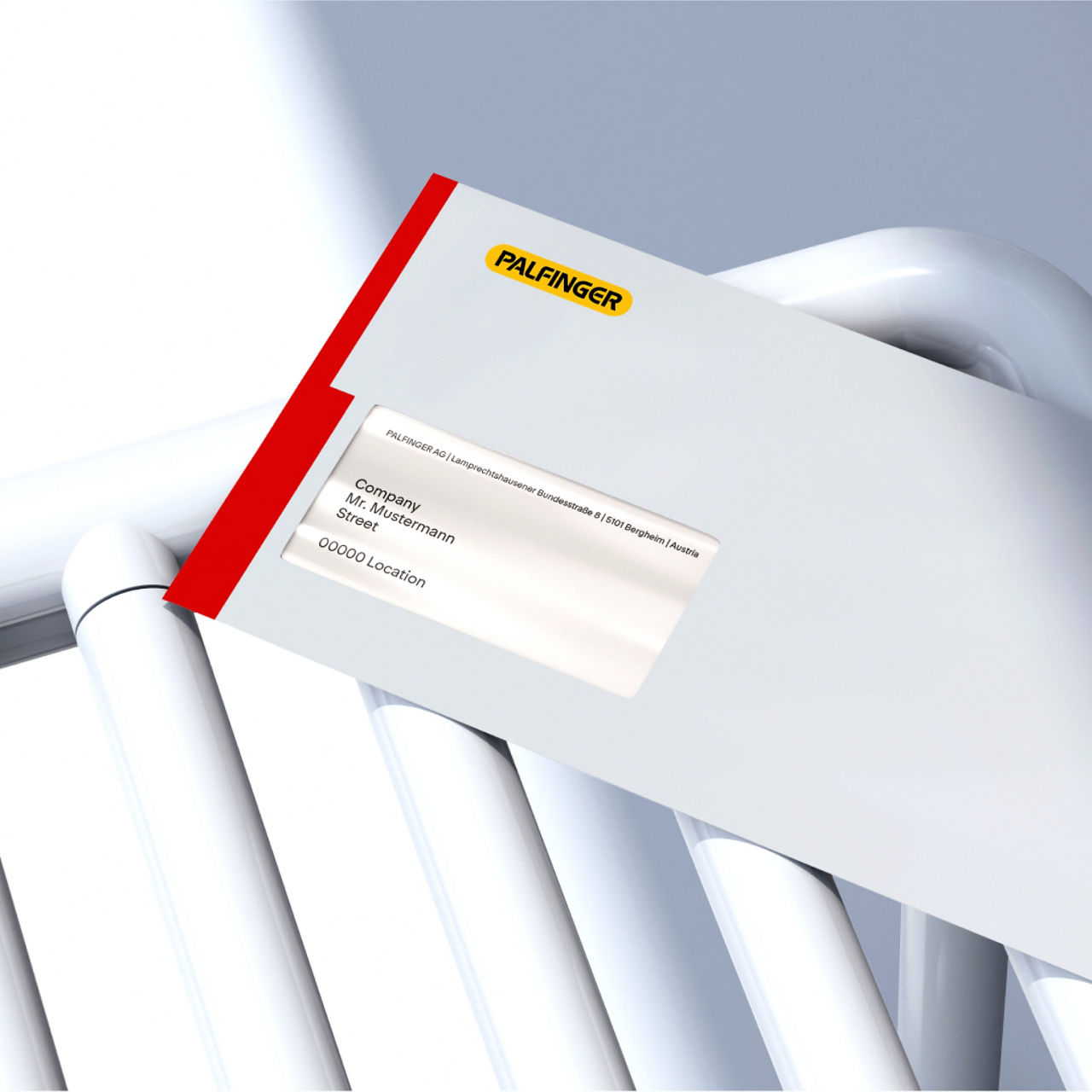 Campaign layout with headline “The Next Level of Service,” a dynamic truck image on the left, and a vertical red uplifting pattern block on the right.