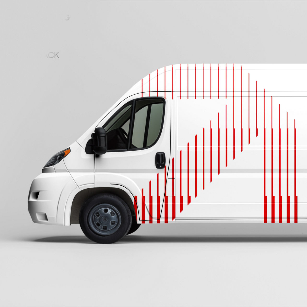 White delivery van viewed from the side, featuring a red linear brand pattern forming an upward diagonal motion across the vehicle body.