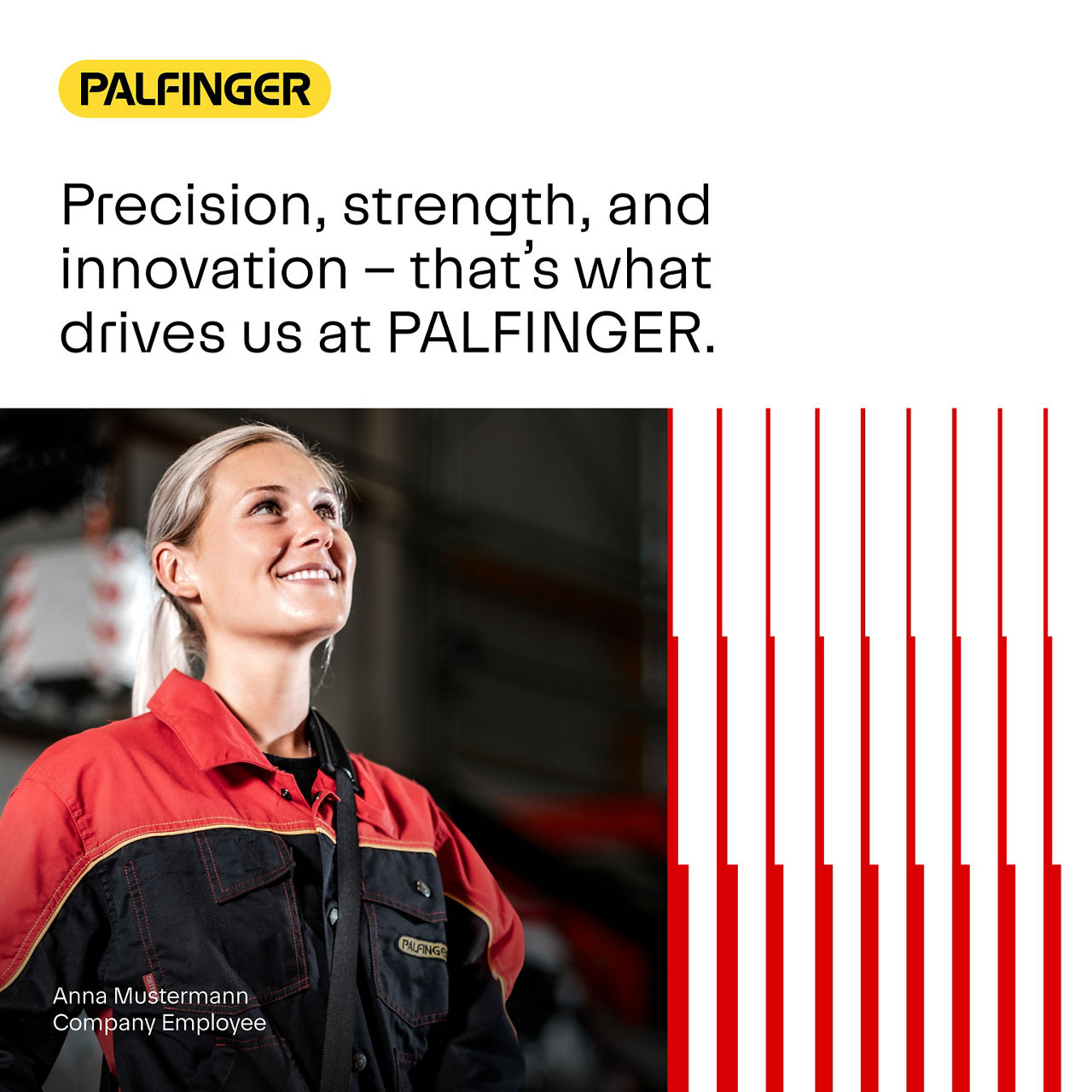 Ein Layout, das Überschriftentext, Porträtfotografie und ein vertikales rotes Linienmuster kombiniert. Es illustriert die ausgewogene Verwendung eines Rasters und die Ausrichtung der Markentypografie.