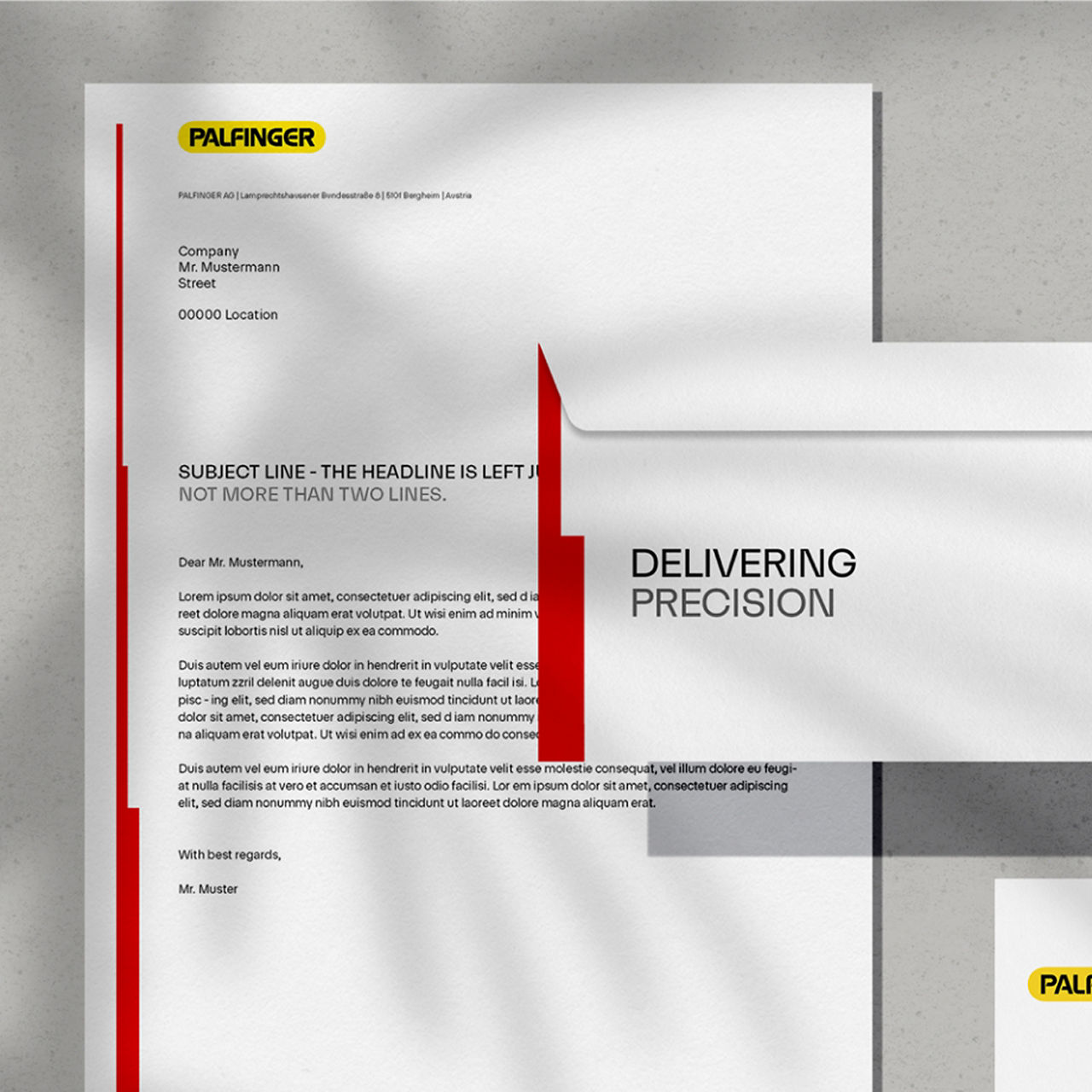 Portrait layout showing a PALFINGER technician beside the headline “High Tech Solutions,” paired with a light-toned uplifting pattern beneath the text.