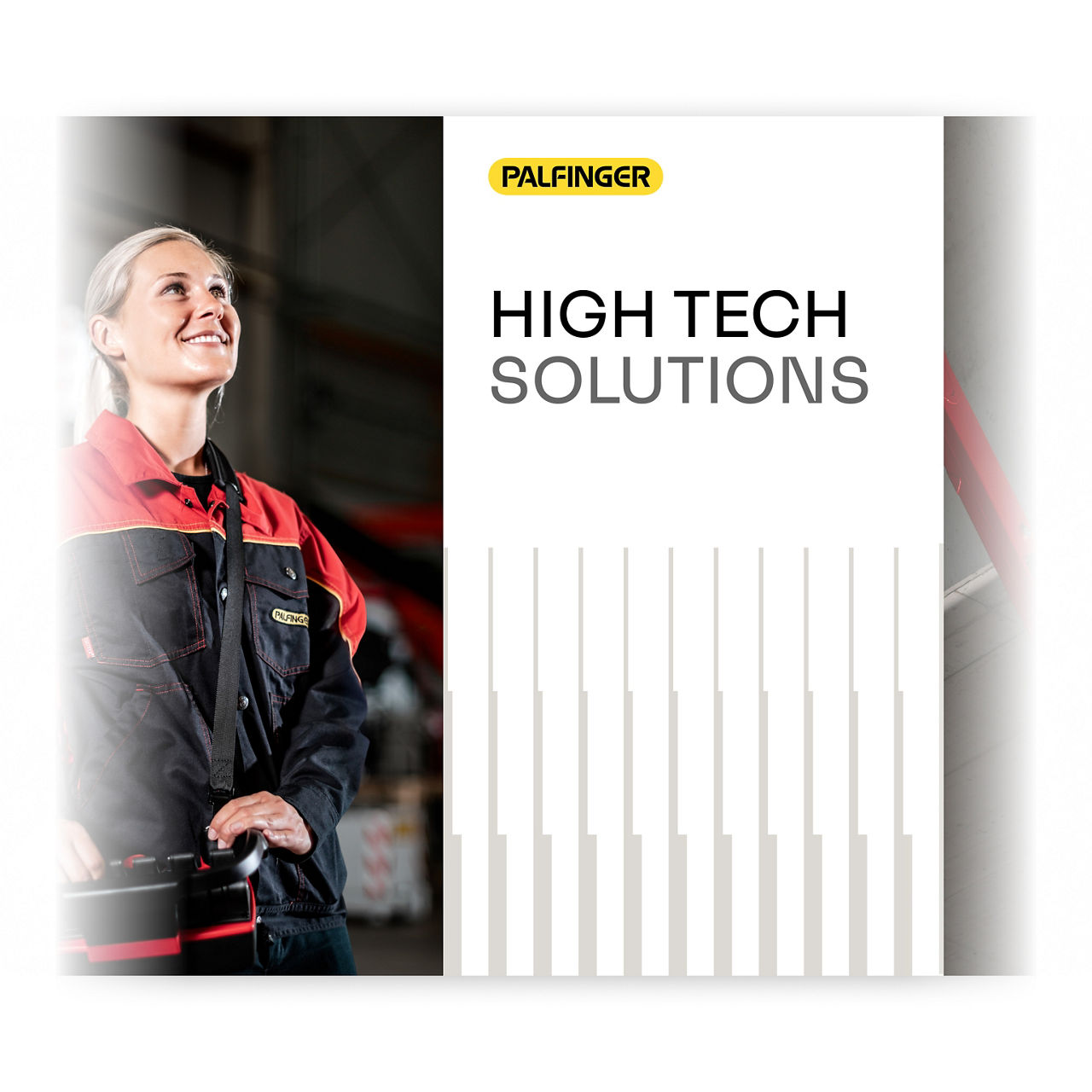 Porträtlayout, das einen PALFINGER-Techniker neben der Überschrift „High Tech Solutions“ zeigt, kombiniert mit einem hellen, Uplifting-Muster unter dem Text.