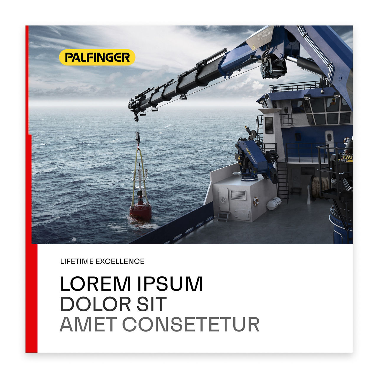 Landscape layout showing an offshore crane mounted on a vessel lifting equipment from the sea, with PALFINGER logo in the top left and a structured headline and text block placed below the image.