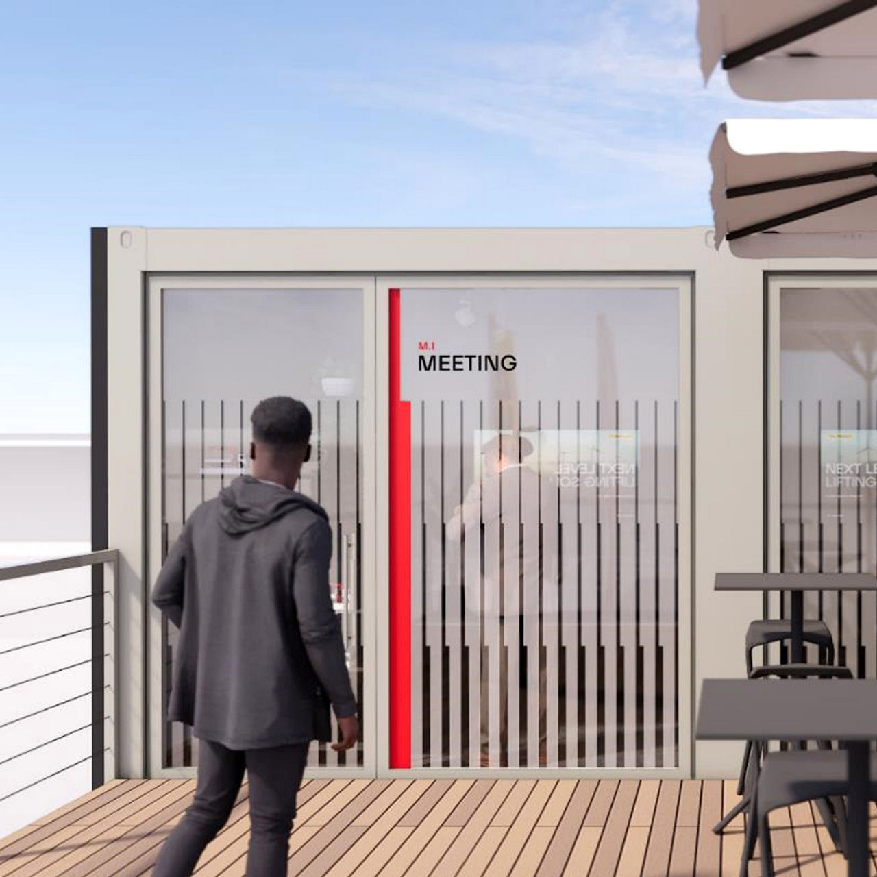 Person approaching a glass-front modular office unit, with a vertical red brand accent beside the door and a linear pattern applied to the glass.
